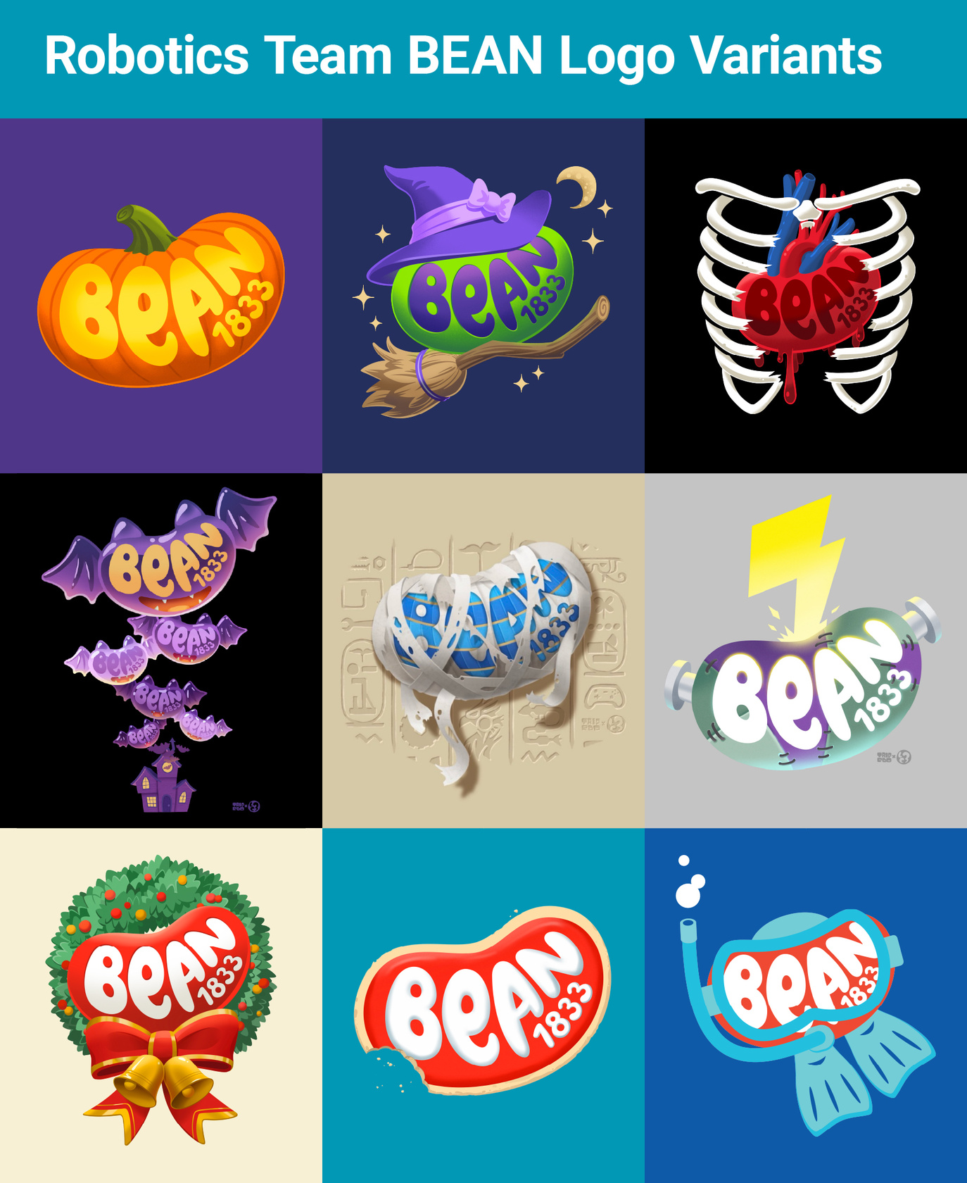 Robitics Team BEAN Logo Variants Variant designs of the Team BEAN logo for Halloween and Christmas