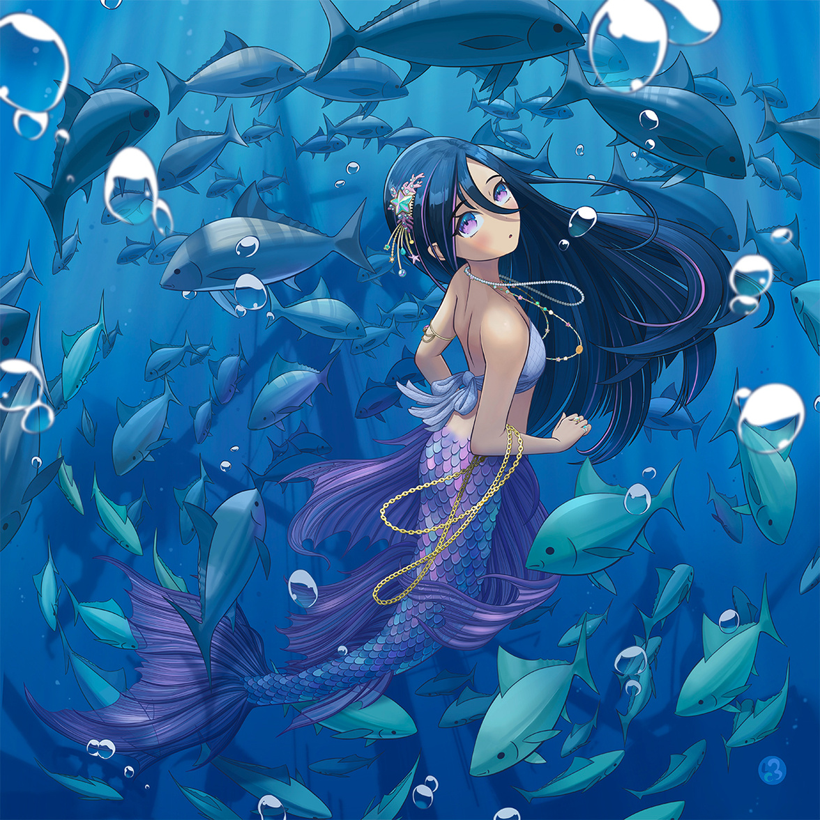 Mermaid Amidst the Blue A mermaid holding jewelry swimming in a school of fish