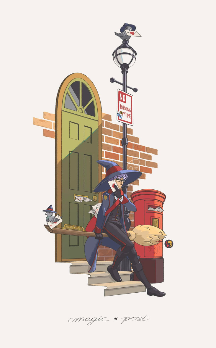 Magic Post A witch postman and carrier pigeon helpers in front of a green door and red mailbox.
