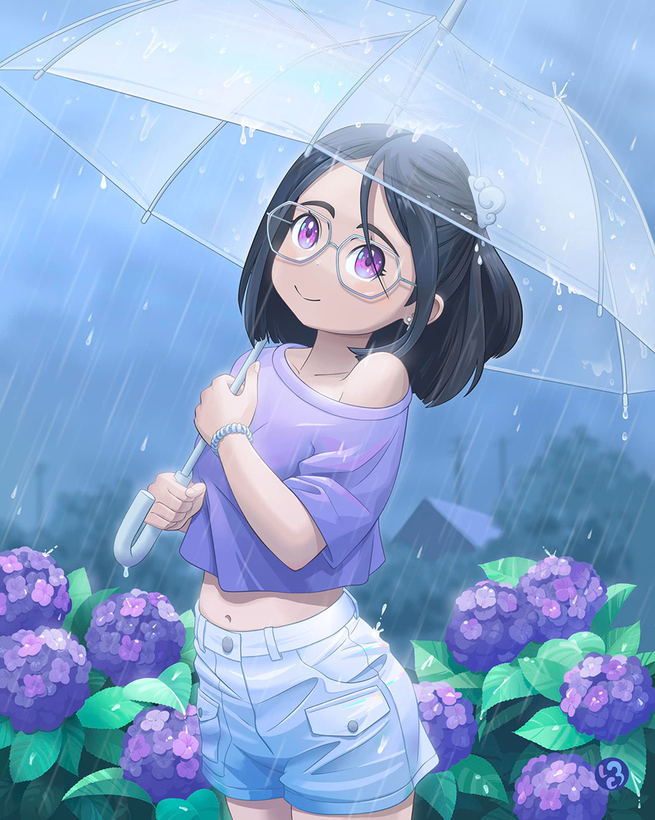 Namfon A woman holding an umbrella in the rain, standing in front of hydrangeas.